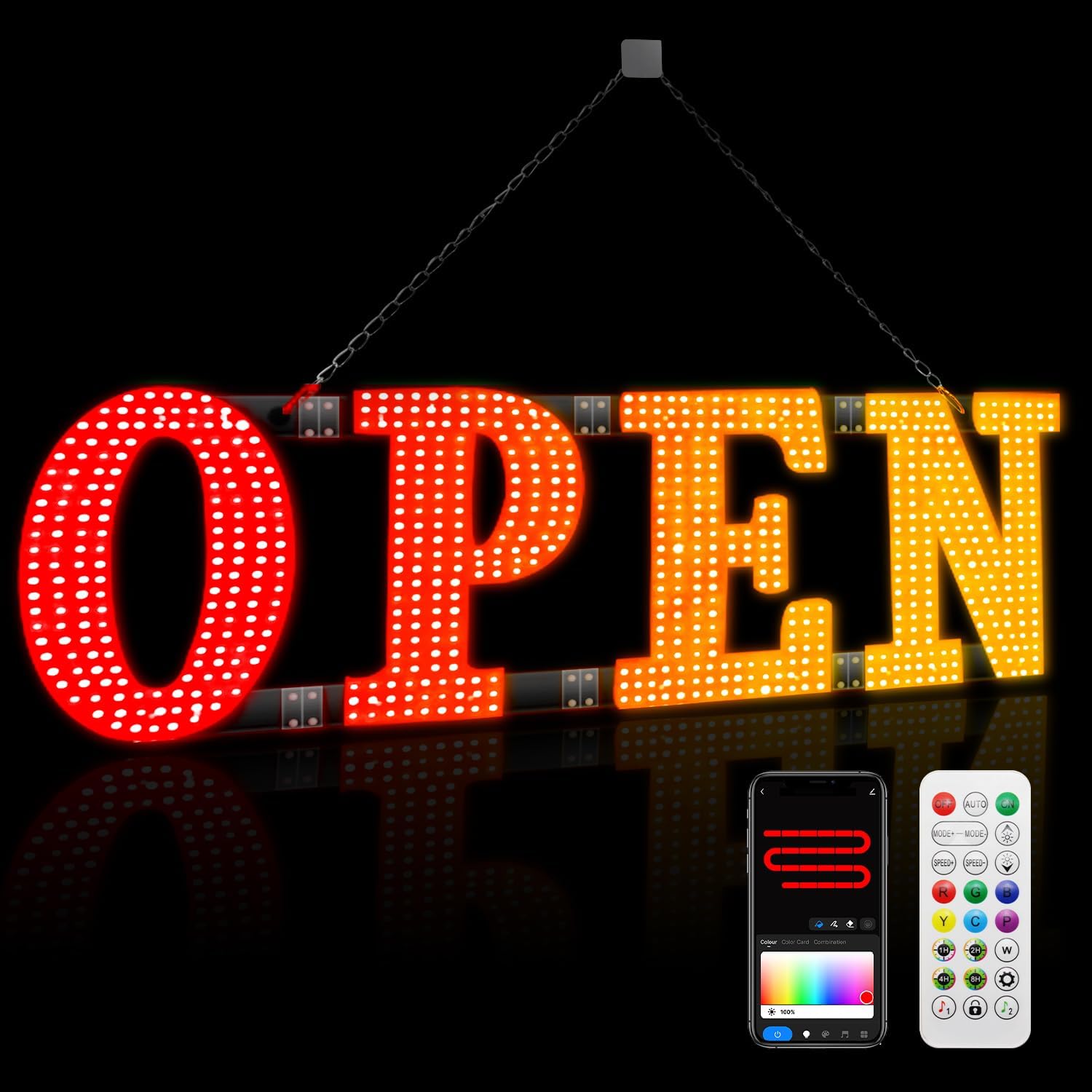 48"L x 16"W Large Colours Open Light Up Signs with Smart App, DIY Editor